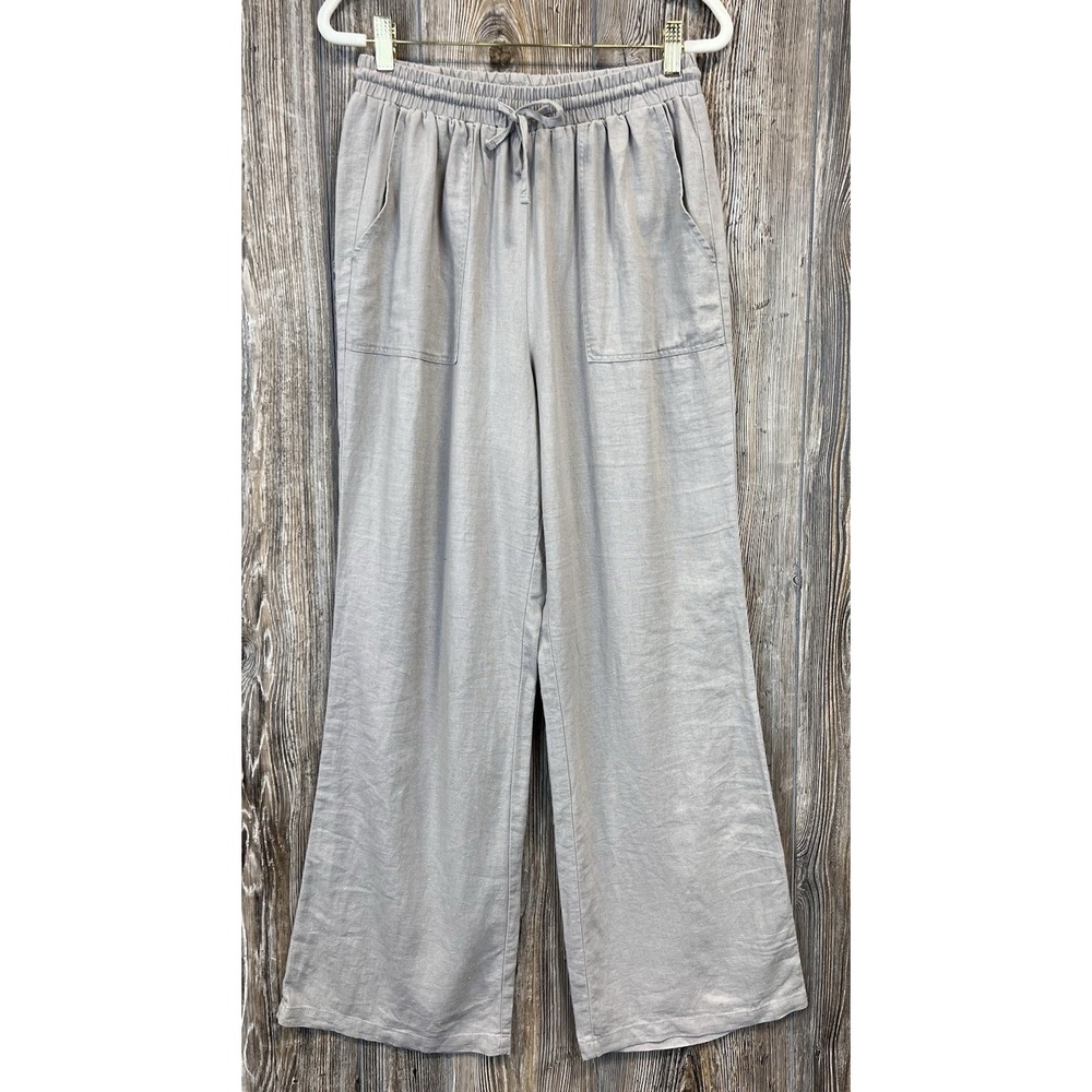 HG Linen Blend Wide Leg Pant Beige Drawstring Elastic MED Coastal Beach Nautical